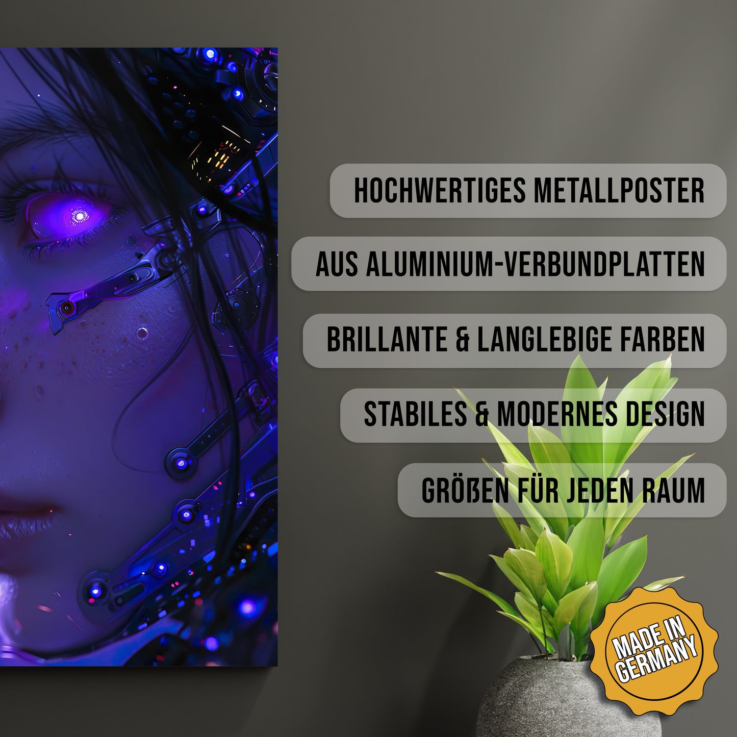 Produkt-Highlights zum Metallposter Weibliche K.I.. Hochwertiges Metallposter, aus Aluminium-Verbundplatten, Brillante & langlebige Farben, stabiles & modernes design, Größen für jeden Raum, Made in Germany.