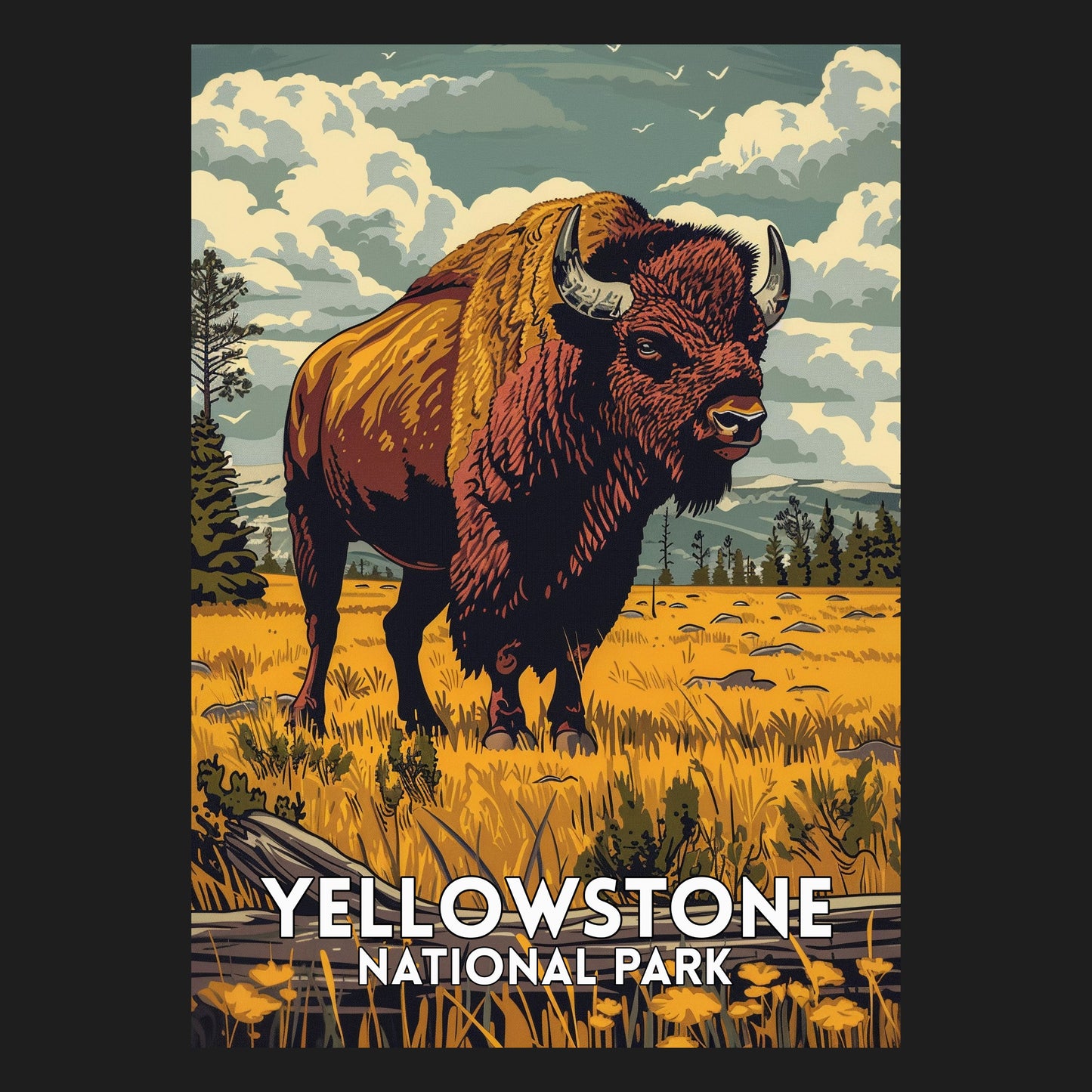 Detailreiche Illustration eines Bisons vor der Kulisse des Yellowstone-Nationalparks mit grünen Wiesen und schneebedeckten Bergen, vintage national park motiv, usa natur design