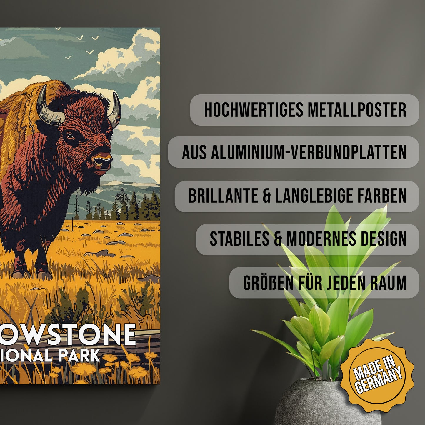 Produkt-Highlights zum Metallposter Yellowstone National Park. Hochwertiges Metallposter, aus Aluminium-Verbundplatten, Brillante & langlebige Farben, stabiles & modernes design, Größen für jeden Raum, Made in Germany.