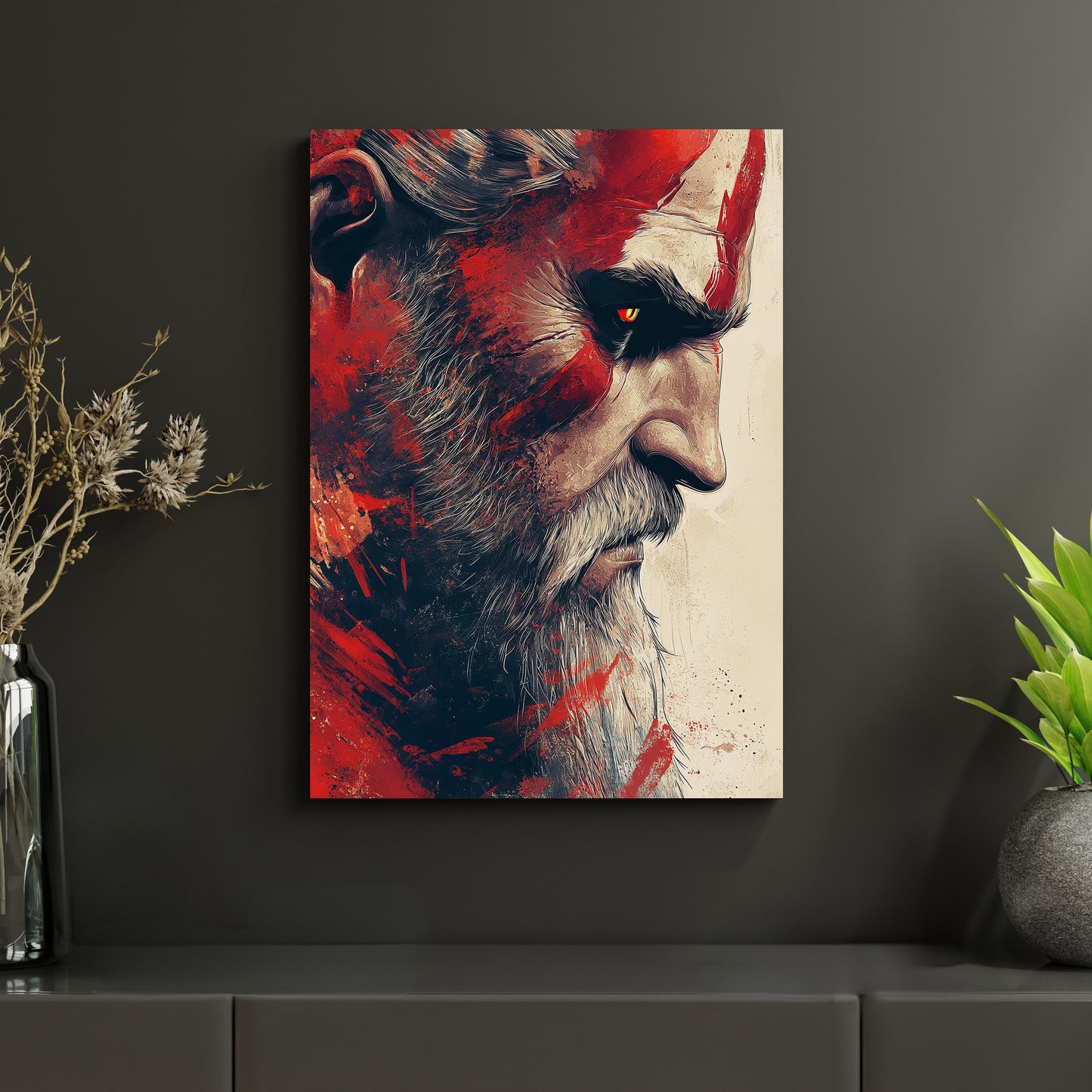 Metallposter mit Porträt eines imposanten Kriegers, geprägt von roter Kriegsbemalung und eindringlichem Blick. Gedruckt auf Aluminiumverbundplatten für langlebige Qualität – ein Blickfang für Gaming- und Fantasy-Fans. Displate Alternative.