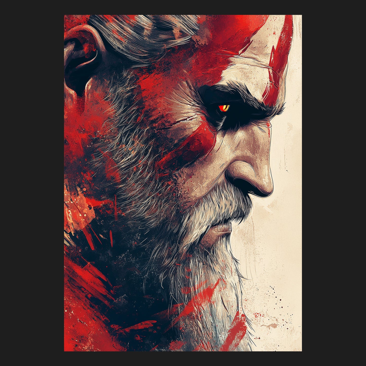 Porträt eines kriegerischen Mannes mit weißem Bart und intensiven roten Kriegsbemalungen im Gesicht. Ausdrucksstarkes, detailliertes Design mit düsterem, epischem Stil – ideal für Fans von Fantasy und nordischer Mythologie. Gaming Motiv, Deko für Gamer