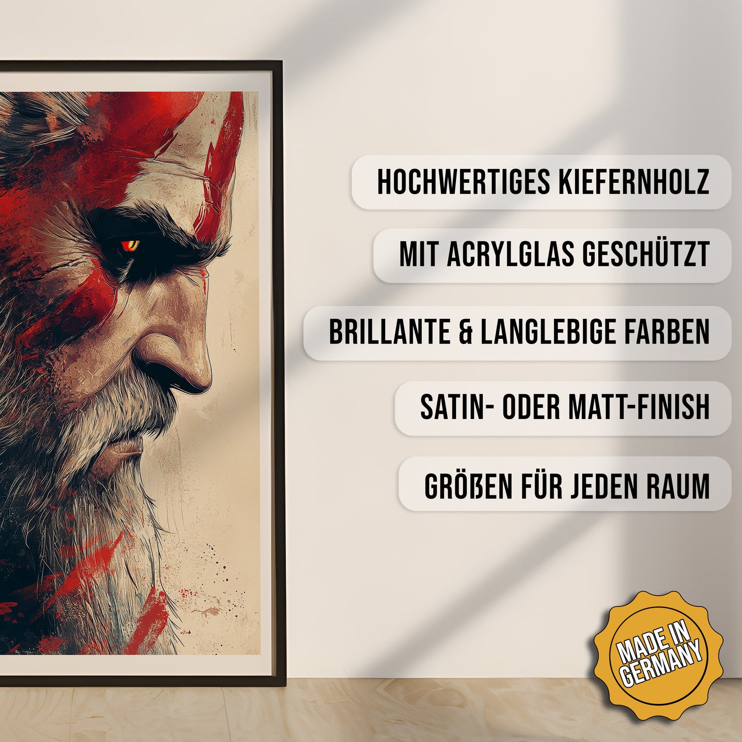 Produkt-Highlights zum gerahmten Poster Zwischen Hexerklinge und Götterzorn.
Hochwertiges Kiefernholz, mit Acrylglas geschützt, Brillante & langlebige Farben, satin- oder matt-finisch, größen für jeden Raum, Made in Germany.
