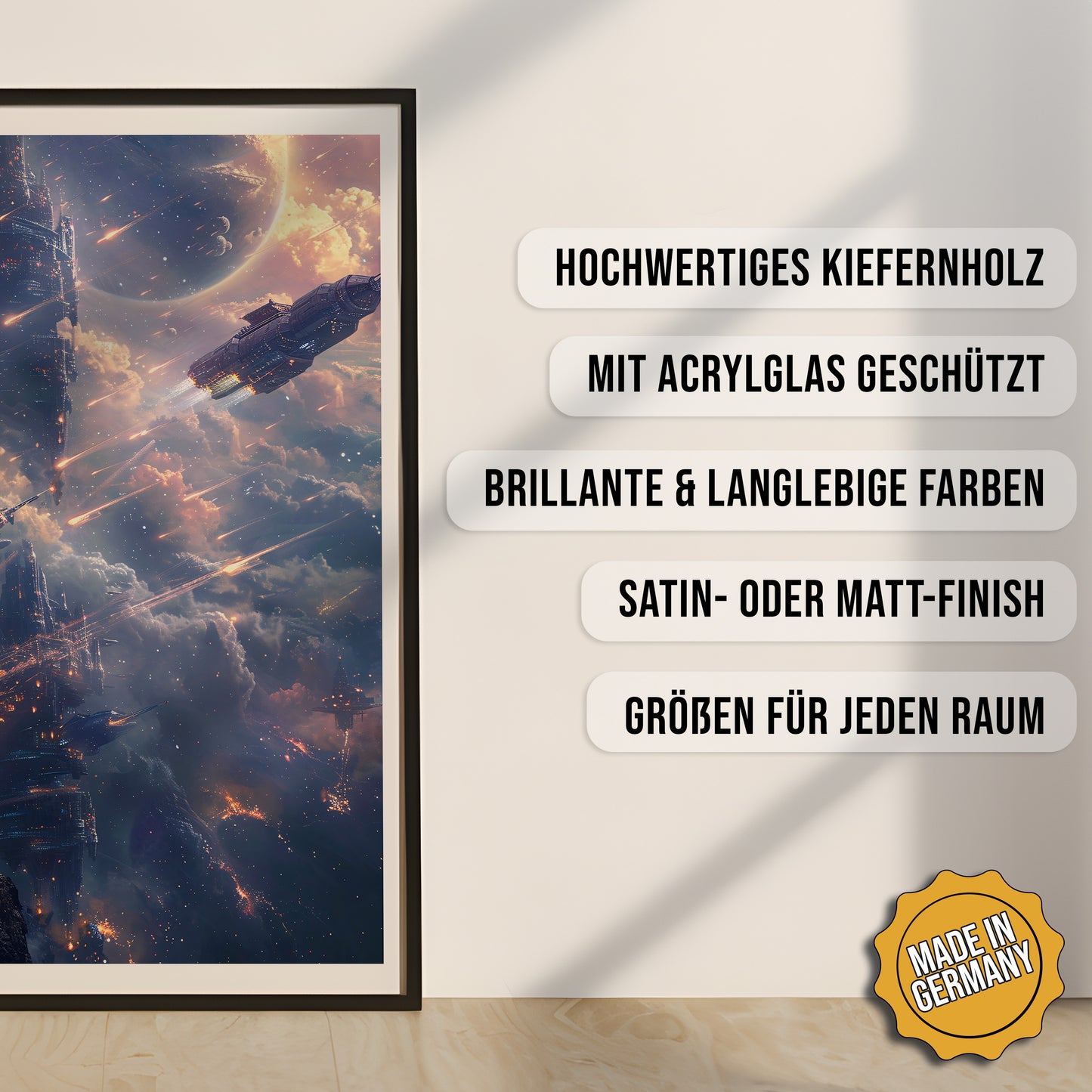 Produkt-Highlights zum gerahmten Poster Der letzte Sternenkrieg.
Hochwertiges Kiefernholz, mit Acrylglas geschützt, Brillante & langlebige Farben, satin- oder matt-finish, größen für jeden Raum, Made in Germany.