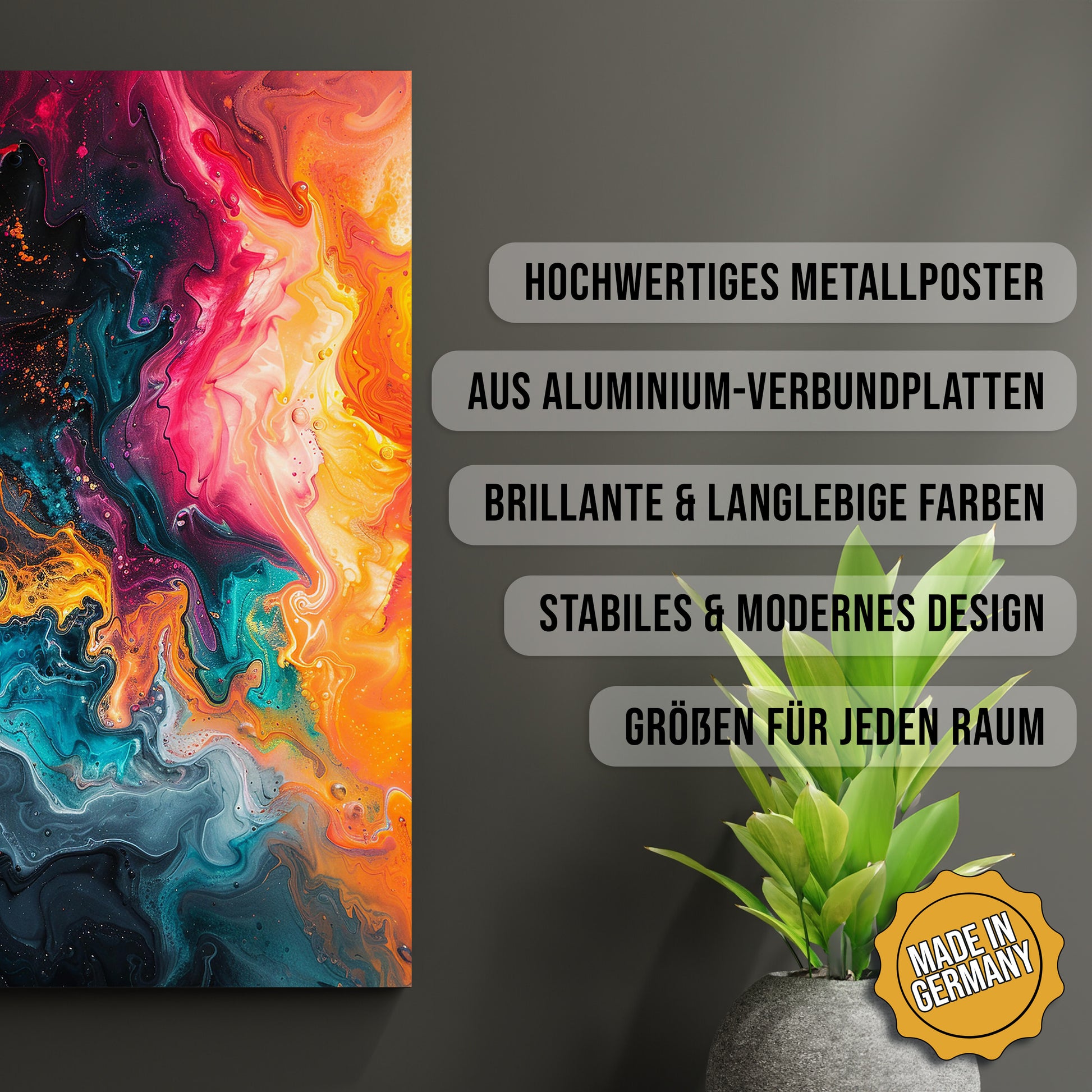 Produkt-Highlights zum Metallposter Abstrakte Farbmischung. Hochwertiges Metallposter, aus Aluminium-Verbundplatten, Brillante & langlebige Farben, stabiles & modernes design, Größen für jeden Raum, Made in Germany.