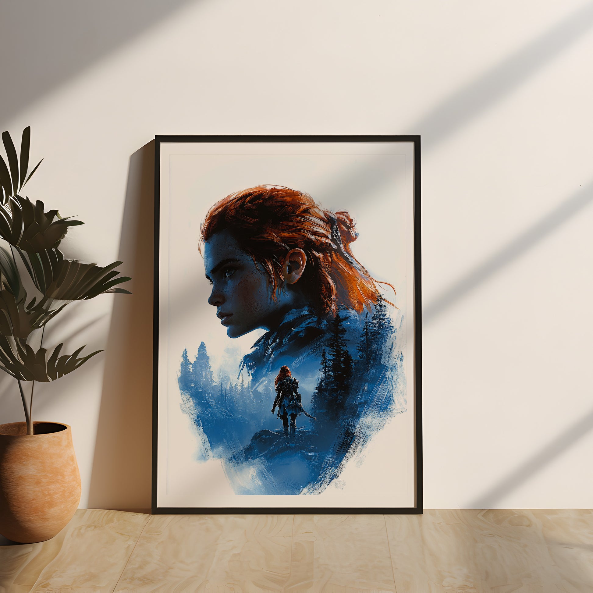 Ein kunstvoll gerahmtes Poster mit einer stilisierten Illustration einer starken, rothaarigen Frau in einer winterlichen Waldlandschaft. Die Details zeigen ihr Profil sowie eine kleinere Figur in der Ferne, die entschlossen in die Wildnis schreitet. Die Farbtöne sind in Blau und Orange gehalten, was dem Design eine kraftvolle, kontrastreiche Ausstrahlung verleiht. Perfekt als Blickfang für jeden Raum. Ideal für Gaming Setups. Mit Echtholz gerahmt und Acrylglas geschützt.