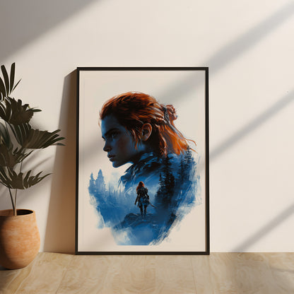 Ein kunstvoll gerahmtes Poster mit einer stilisierten Illustration einer starken, rothaarigen Frau in einer winterlichen Waldlandschaft. Die Details zeigen ihr Profil sowie eine kleinere Figur in der Ferne, die entschlossen in die Wildnis schreitet. Die Farbtöne sind in Blau und Orange gehalten, was dem Design eine kraftvolle, kontrastreiche Ausstrahlung verleiht. Perfekt als Blickfang für jeden Raum. Ideal für Gaming Setups. Mit Echtholz gerahmt und Acrylglas geschützt.