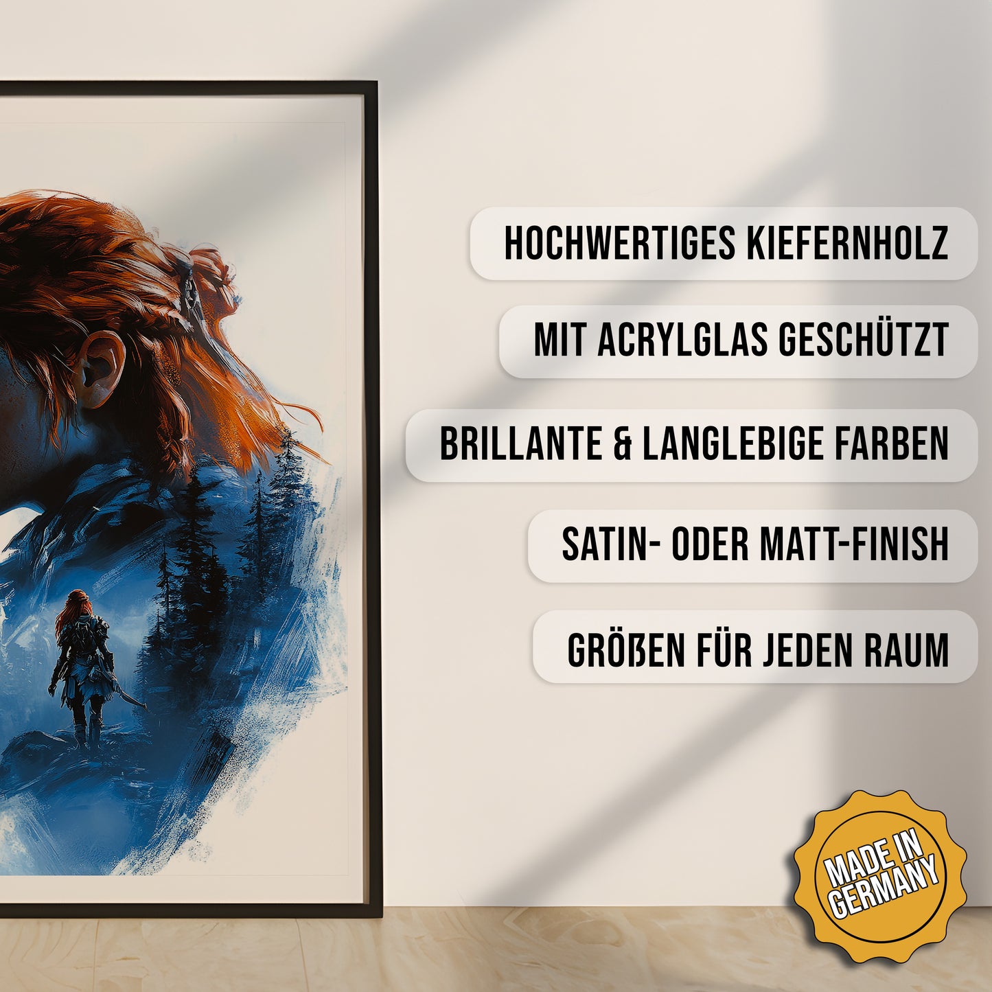 Produkt-Highlights zum gerahmten Poster Beschützerin der Wildnis.
Hochwertiges Kiefernholz, mit Acrylglas geschützt, Brillante & langlebige Farben, satin- oder matt-finish, größen für jeden Raum, Made in Germany.