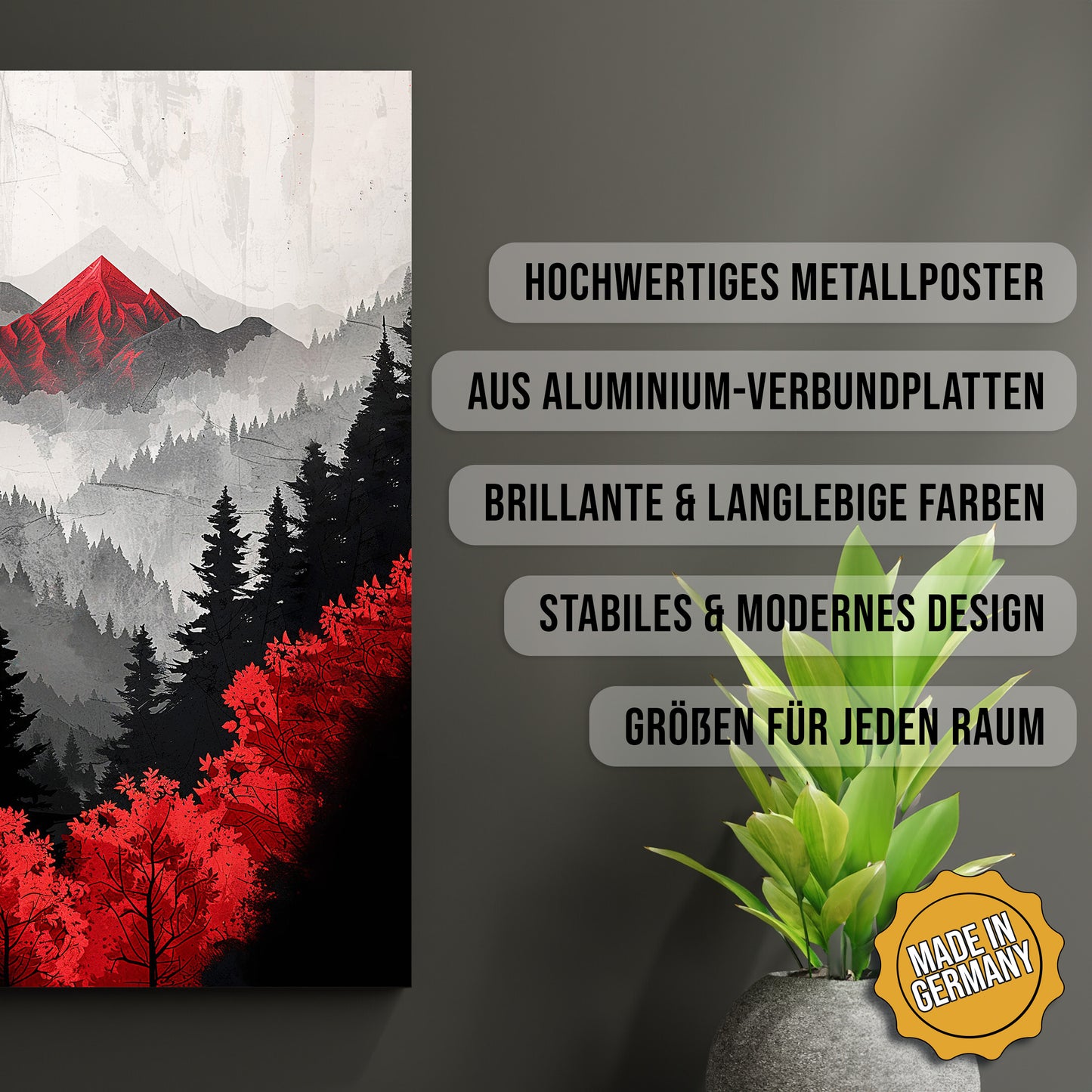 Produkt-Highlights zum Metallposter Black Forest. Hochwertiges Metallposter, aus Aluminium-Verbundplatten, Brillante & langlebige Farben, stabiles & modernes design, Größen für jeden Raum, Made in Germany.