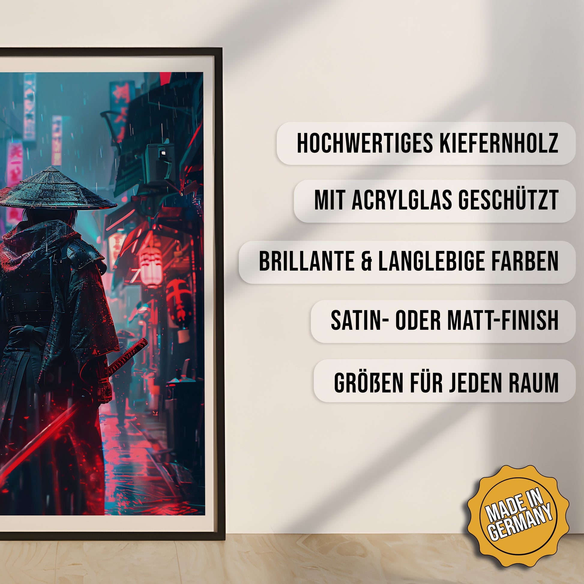Produkt-Highlights zum gerahmten Poster Cyberpunk Samurai.
Hochwertiges Kiefernholz, mit Acrylglas geschützt, Brillante & langlebige Farben, satin- oder matt-finish, größen für jeden Raum, Made in Germany.