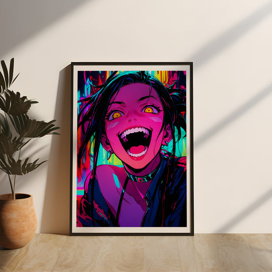 Ein farbenfrohes, gerahmtes Poster im Neon-Design mit dem Titel 'Cyberpunk Wahnsinn'. Es zeigt eine energiegeladene Anime-Figur mit leuchtenden gelben Augen und intensiven Farben, die futuristische Vibes versprühen. Dieses futuristische Wandbild ist eine perfekte Cyberpunk-Deko für Zuhause und ein ideales Geschenk für Anime- und Cyberpunk-Fans. Ideal für Anime und Gaming Setups.