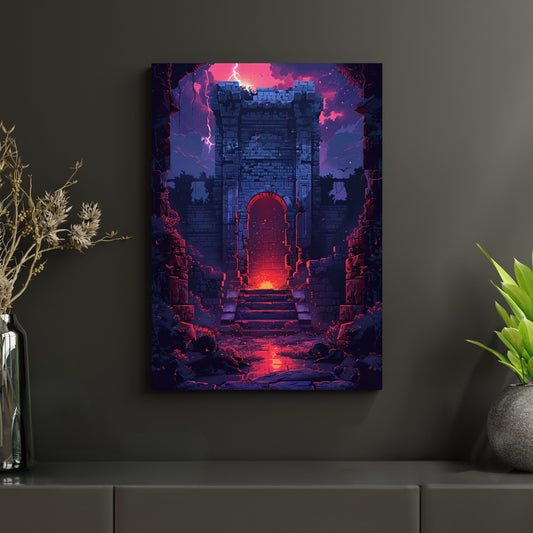 Hochwertiges Gaming metallposter "Das verfluchte Portal", Fantasy Wandkunst mit mystischem Design und dunklem Farbschema, perfekte Wanddekoration für Gamer und Fantasy-Fans, aus Aluminium hergestellt, Pixel Art, Displate Alternative