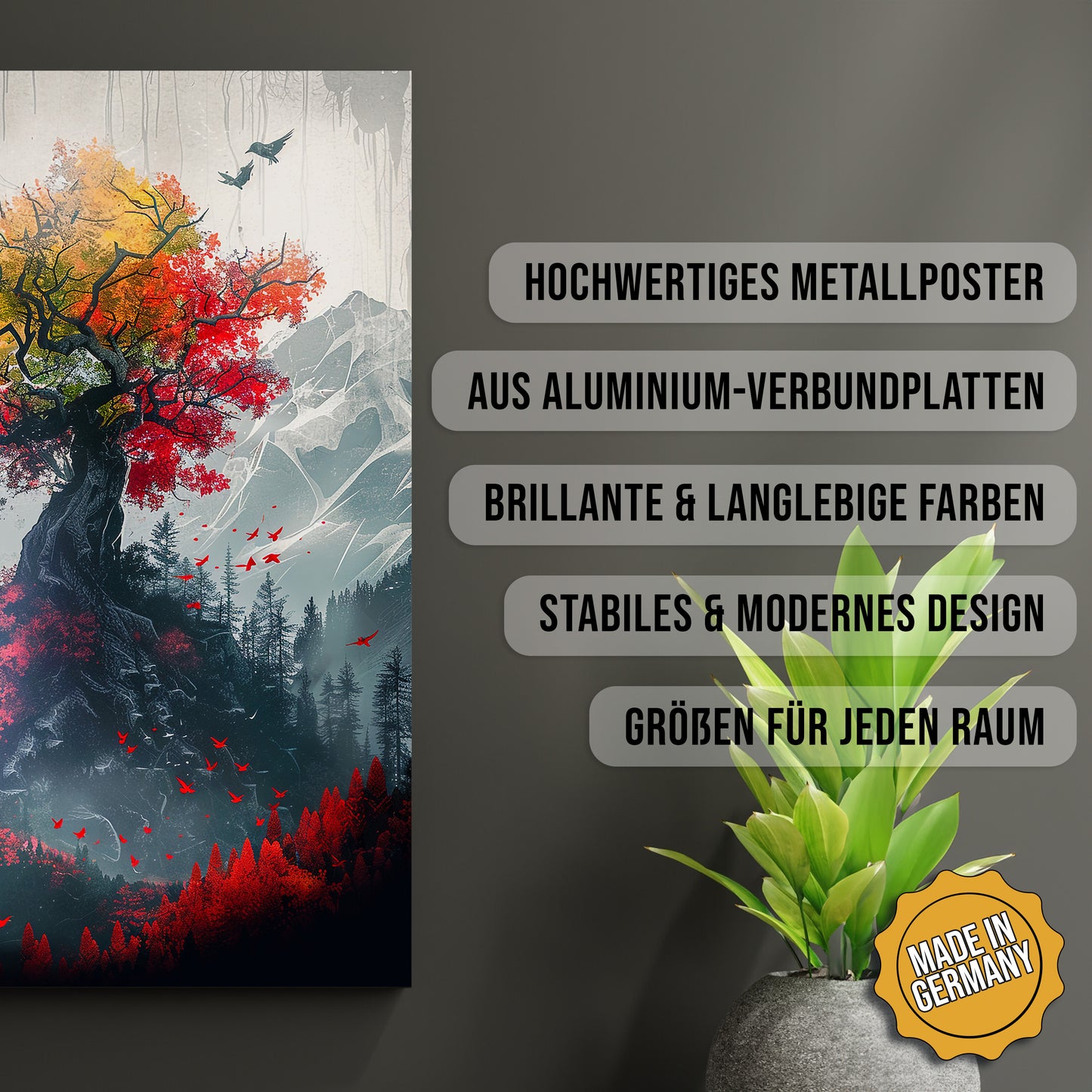 Produkt-Highlights zum Metallposter Der Baum des Lebens. Hochwertiges Metallposter, aus Aluminium-Verbundplatten, Brillante & langlebige Farben, stabiles & modernes design, Größen für jeden Raum, Made in Germany.
