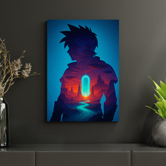 Metallposter mit Silhouetten-Design eines futuristischen Reisenden und farbenintensiver Fantasy-Landschaft. Gedruckt auf langlebigen Aluminiumverbundplatten – ideal für Sci-Fi- und Abenteuer-Fans.