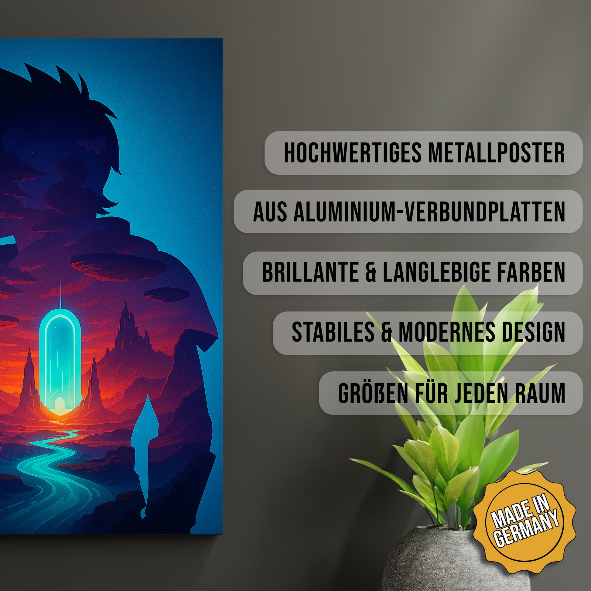 Produkt-Highlights zum Metallposter Der Dimensionsreisende. Hochwertiges Metallposter, aus Aluminium-Verbundplatten, Brillante & langlebige Farben, stabiles & modernes design, Größen für jeden Raum, Made in Germany.