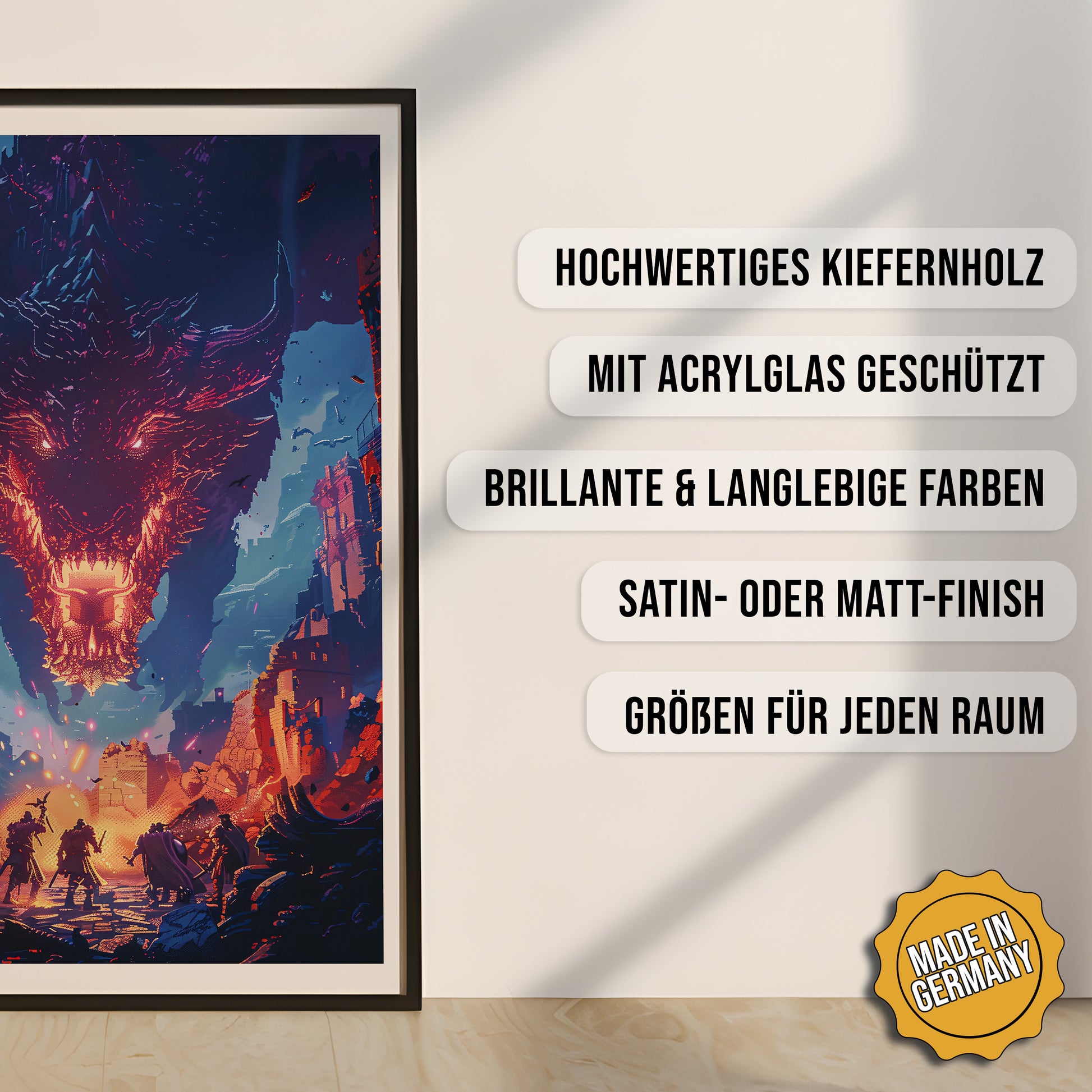 Produkt-Highlights zum gerahmten Poster Der Endboss.
Hochwertiges Kiefernholz, mit Acrylglas geschützt, Brillante & langlebige Farben, satin- oder matt-finish, größen für jeden Raum, Made in Germany.