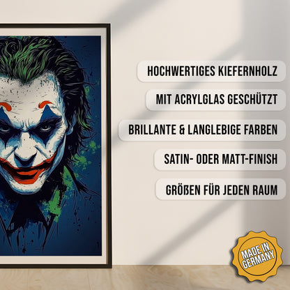 Produkt-Highlights zum gerahmten Poster Der Schattenjoker.
Hochwertiges Kiefernholz, mit Acrylglas geschützt, Brillante & langlebige Farben, satin- oder matt-finish, größen für jeden Raum, Made in Germany.