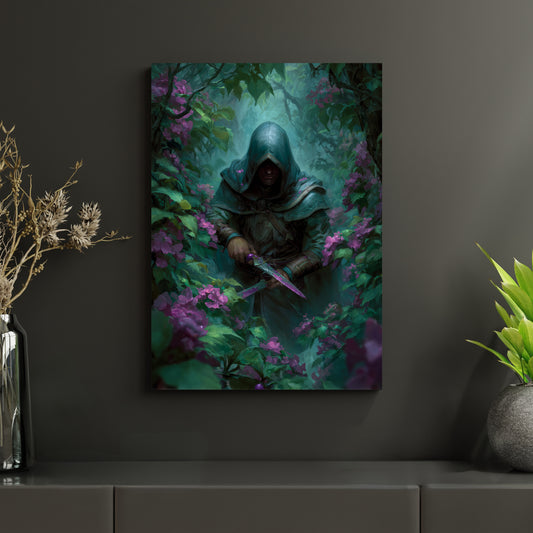 Metallposter mit düsterer Fantasy-Szene eines lautlosen Assassinen zwischen violetten Blüten. Gedruckt auf langlebigen Aluminiumverbundplatten – ideal für Rollenspiel-Fans, Gamer und Liebhaber atmosphärischer Kunst.