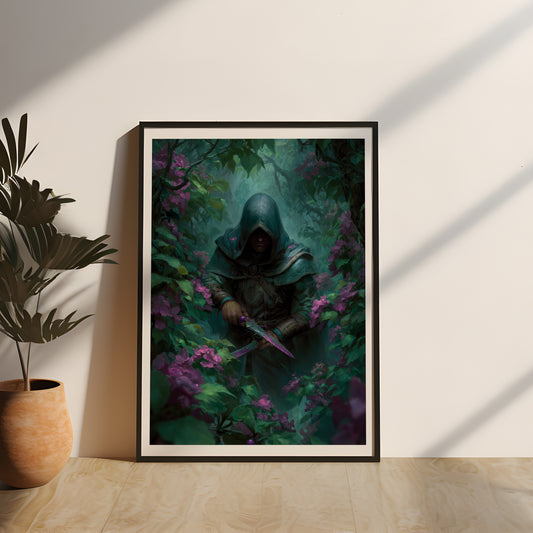 Hochwertiges Poster eines verhüllten Assassinen im geheimnisvollen Blütenwald, kunstvoll in Echtholz gerahmt und durch Acrylglas geschützt – perfekte Fantasy-Deko für Wohnzimmer, Gaming-Zimmer oder Büro.