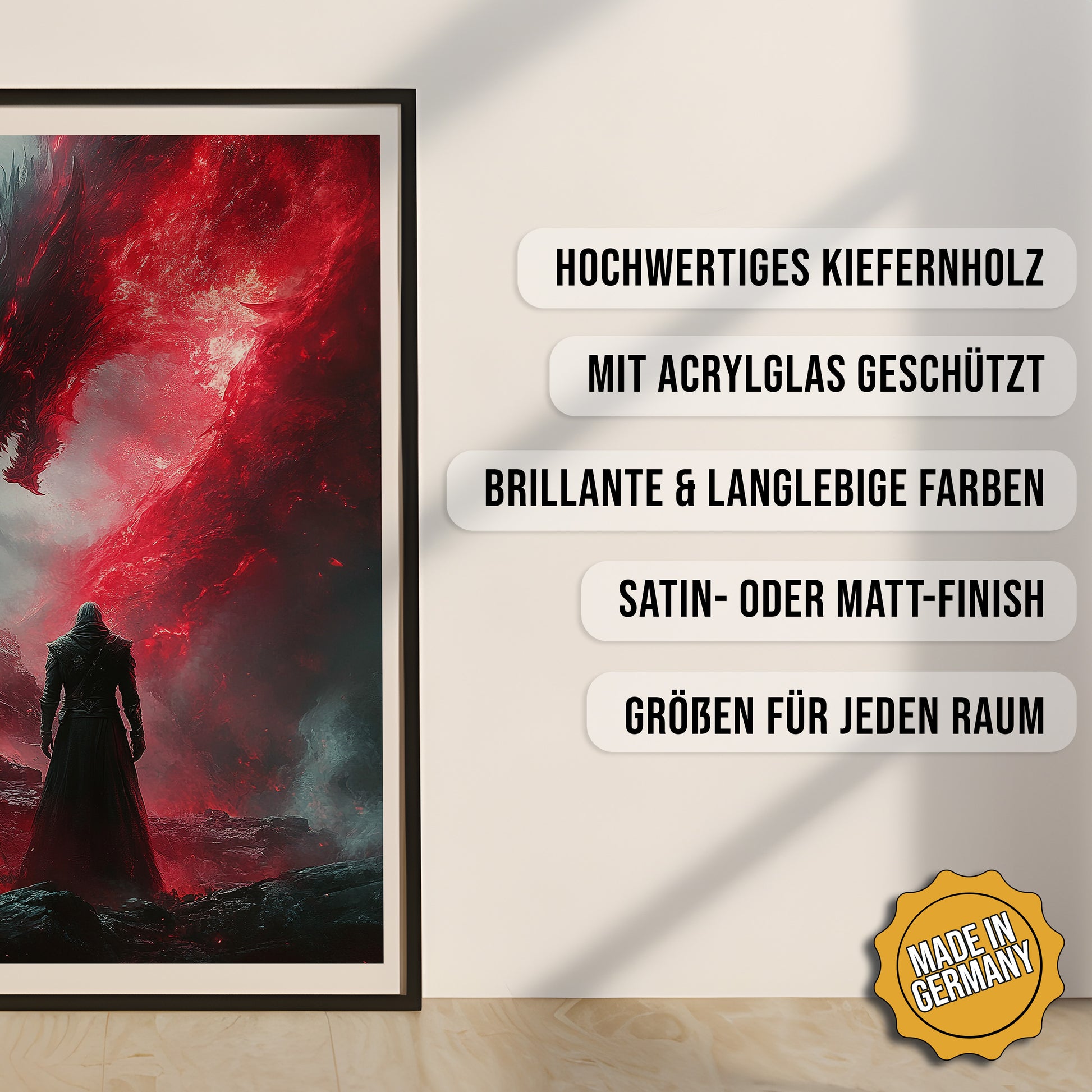 Produkt-Highlights zum gerahmten Poster Der rote Nebeldrache.
Hochwertiges Kiefernholz, mit Acrylglas geschützt, Brillante & langlebige Farben, satin- oder matt-finish, größen für jeden Raum, Made in Germany.