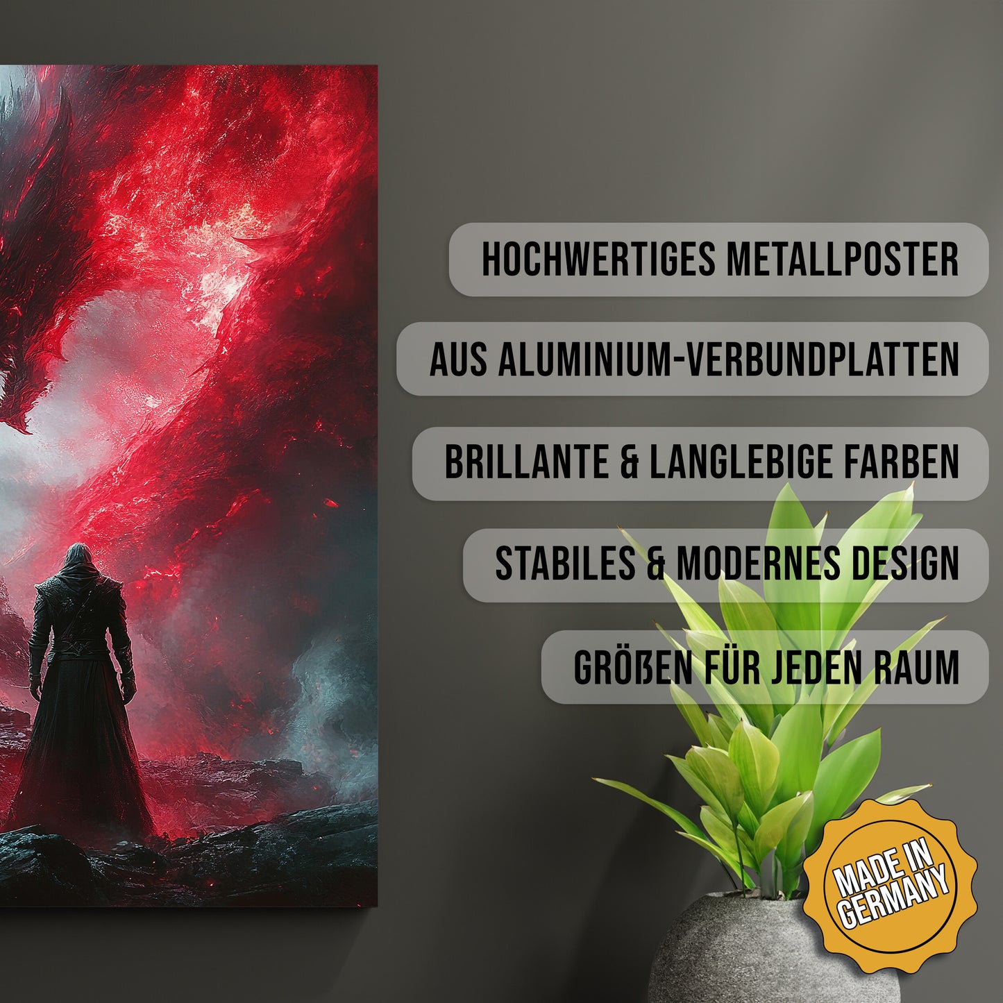 Produkt-Highlights zum Metallposter Der rote Nebeldrache. Hochwertiges Metallposter, aus Aluminium-Verbundplatten, Brillante & langlebige Farben, stabiles & modernes design, Größen für jeden Raum, Made in Germany.