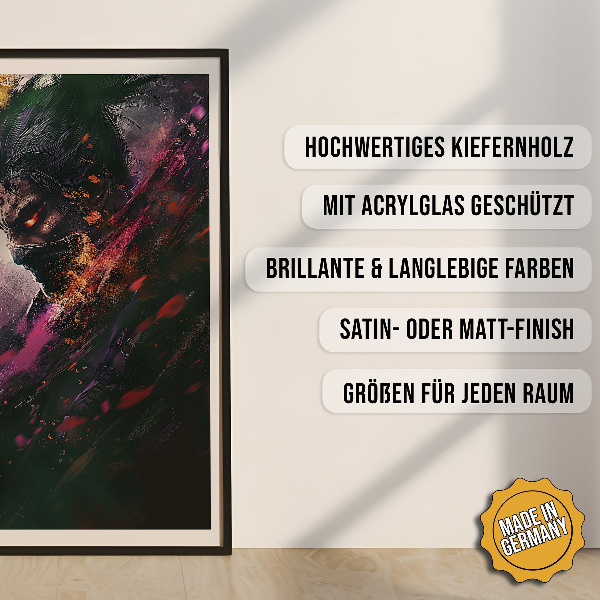 Produkt-Highlights zum gerahmten Poster Der verborgene Schatten.
Hochwertiges Kiefernholz, mit Acrylglas geschützt, Brillante & langlebige Farben, satin- oder matt-finish, größen für jeden Raum, Made in Germany.
