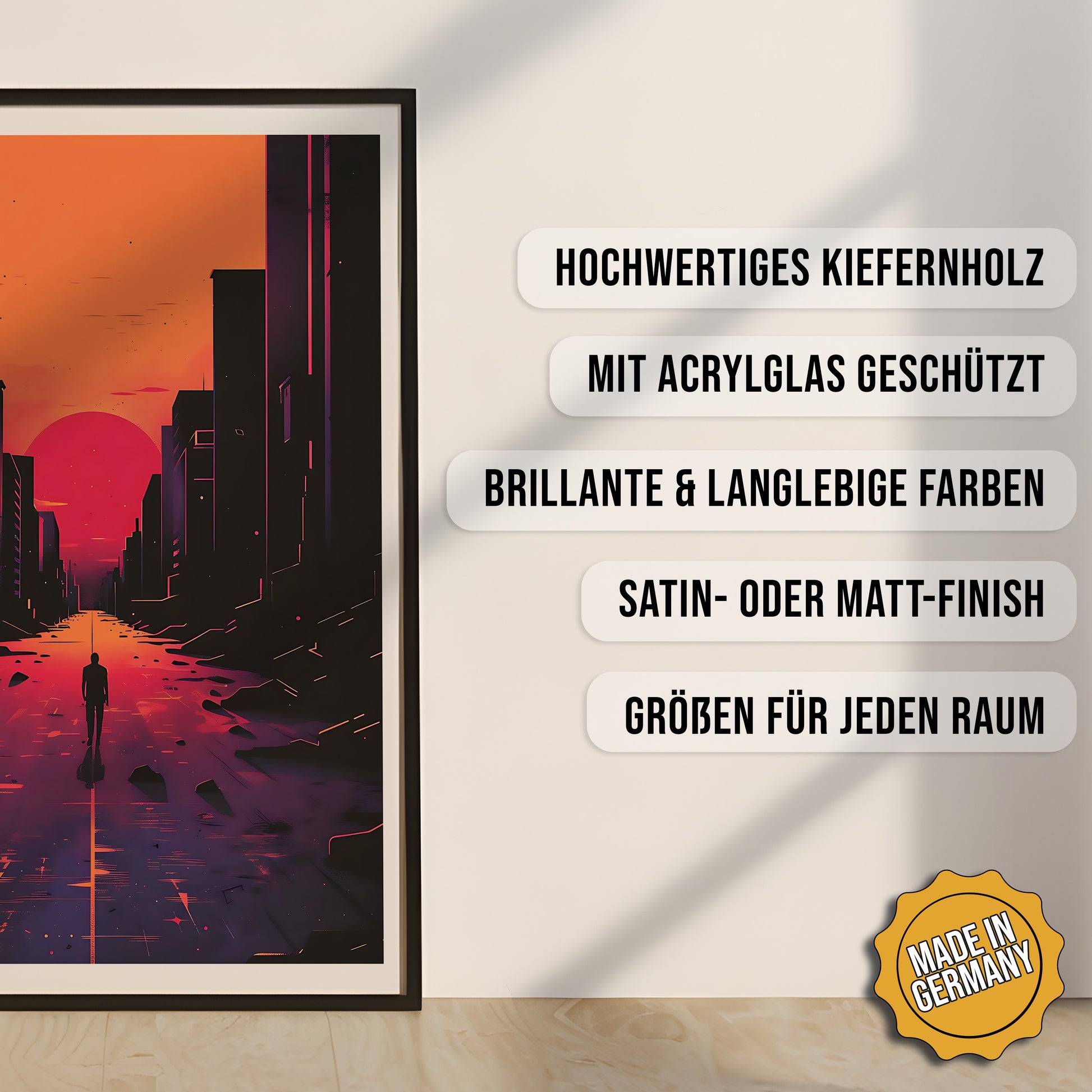 Produkt-Highlights zum gerahmten Poster Der verlassene Pfad.
Hochwertiges Kiefernholz, mit Acrylglas geschützt, Brillante & langlebige Farben, satin- oder matt-finish, größen für jeden Raum, Made in Germany.