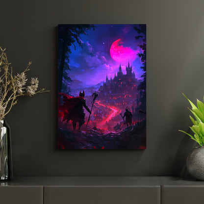 Hochwertiges Metallposter mit dramatischer Fantasy-Szenerie: zwei Krieger vor einer glühenden Festung unter blutrotem Mond. Gedruckt auf langlebigen Aluminiumverbundplatten – ideal für Liebhaber dunkler Vampir-Fantasy.