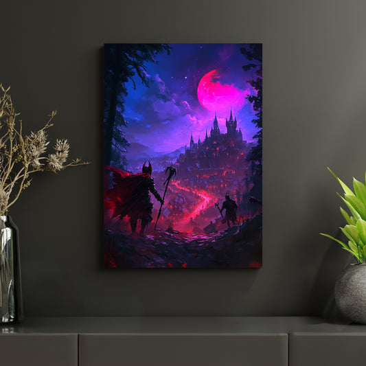 Hochwertiges Metallposter mit dramatischer Fantasy-Szenerie: zwei Krieger vor einer glühenden Festung unter blutrotem Mond. Gedruckt auf langlebigen Aluminiumverbundplatten – ideal für Liebhaber dunkler Vampir-Fantasy.