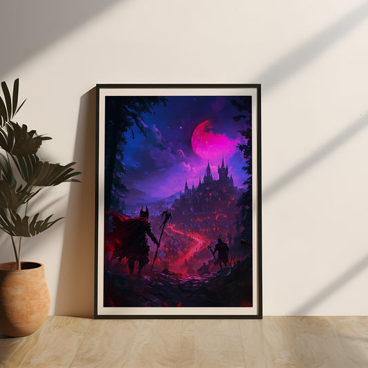 Düsteres Fantasy-Wandbild mit einer bedrohlich leuchtenden Burg und zwei Schattenkriegern, edel gerahmt in Echtholz und geschützt durch Acrylglas – ein perfekter Eyecatcher für Fans von Dark-Fantasy und Gothic-Welten.