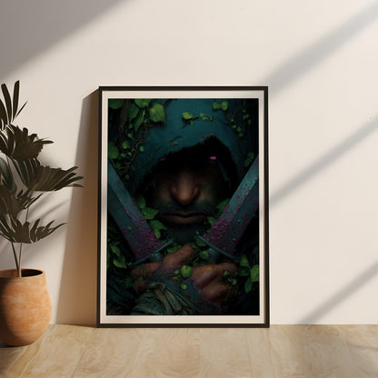 Hochwertiges Poster eines mystischen Wald-Assassinen mit zwei Dolchen, kunstvoll in Echtholz gerahmt und durch Acrylglas geschützt – perfekte Fantasy-Deko für Wohnzimmer, Gaming-Zimmer oder Büro.
