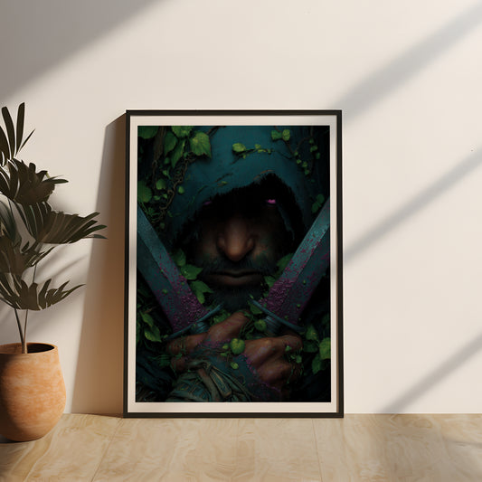 Hochwertiges Poster eines mystischen Wald-Assassinen mit zwei Dolchen, kunstvoll in Echtholz gerahmt und durch Acrylglas geschützt – perfekte Fantasy-Deko für Wohnzimmer, Gaming-Zimmer oder Büro.