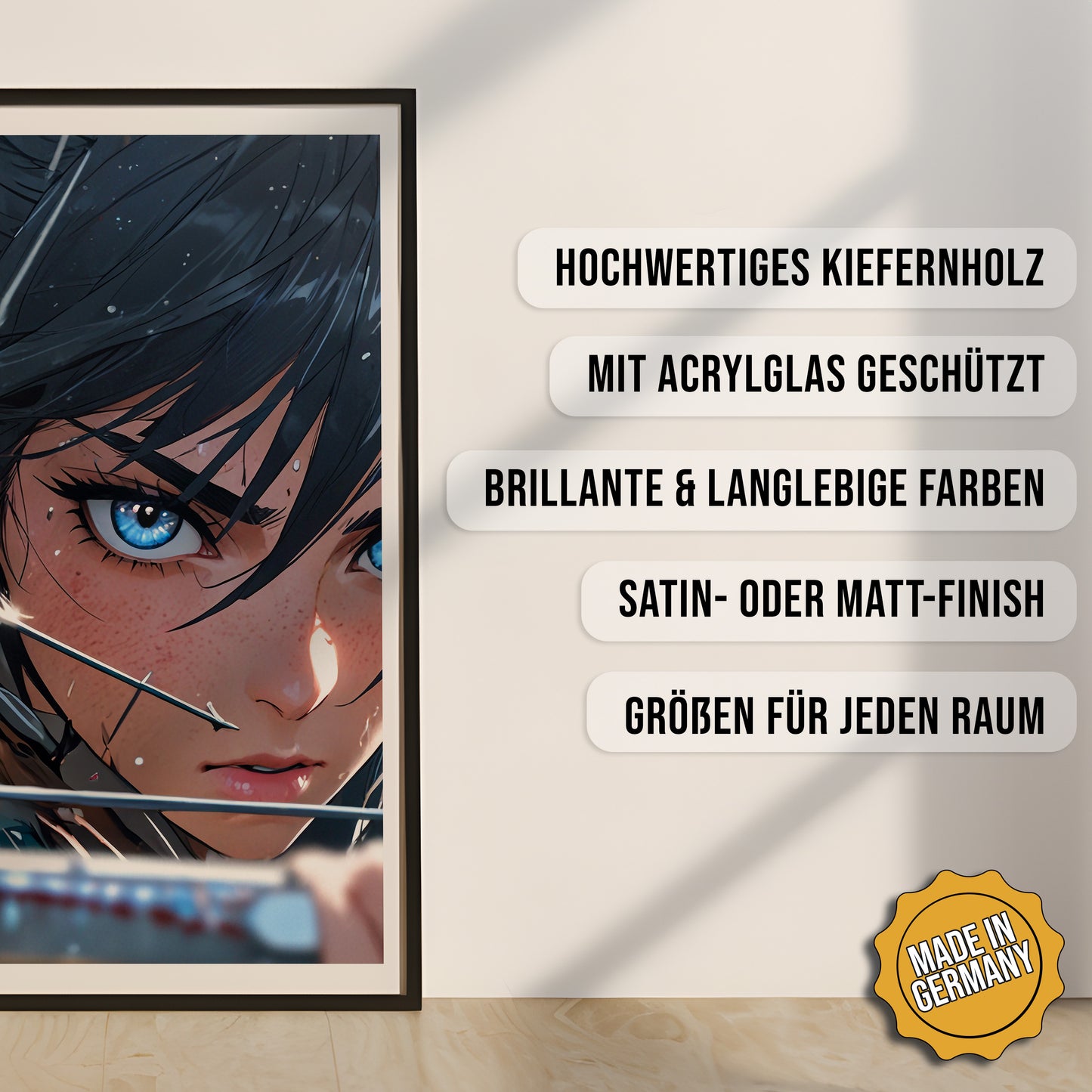 Produkt-Highlights zum gerahmten Poster Die Saphirjägerin.
Hochwertiges Kiefernholz, mit Acrylglas geschützt, Brillante & langlebige Farben, satin- oder matt-finish, größen für jeden Raum, Made in Germany.