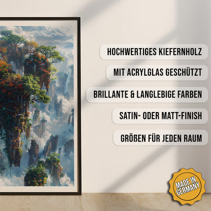 Produkt-Highlights zum gerahmten Poster Die schwebenden Gärten.
Hochwertiges Kiefernholz, mit Acrylglas geschützt, Brillante & langlebige Farben, satin- oder matt-finisch, größen für jeden Raum, Made in Germany.