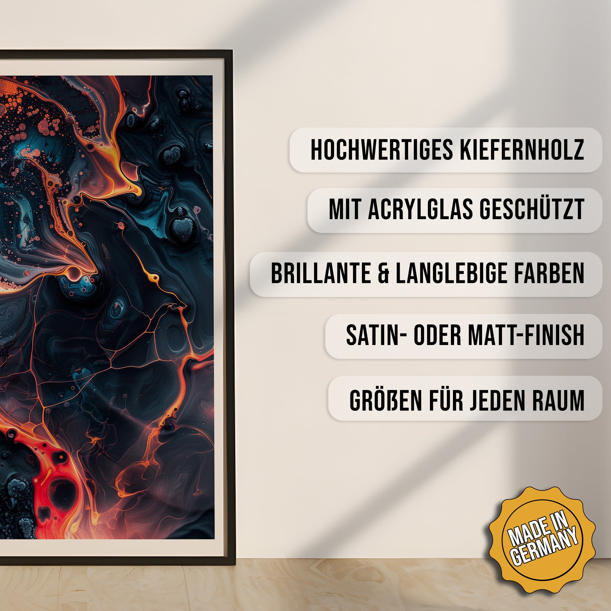 Produkt-Highlights zum gerahmten Poster Dunkle Materie.
Hochwertiges Kiefernholz, mit Acrylglas geschützt, Brillante & langlebige Farben, satin- oder matt-finish, größen für jeden Raum, Made in Germany.