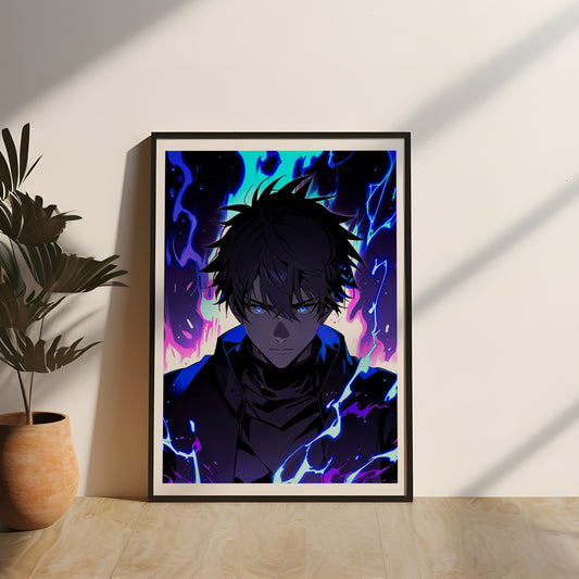 Anime-inspiriertes Porträt eines mysteriösen Helden mit elektrisierender Aura, edel gerahmt mit Echtholz und schützendem Acrylglas. Ideal als stylisches Wandbild für moderne Wohnräume und Anime-Sammler.