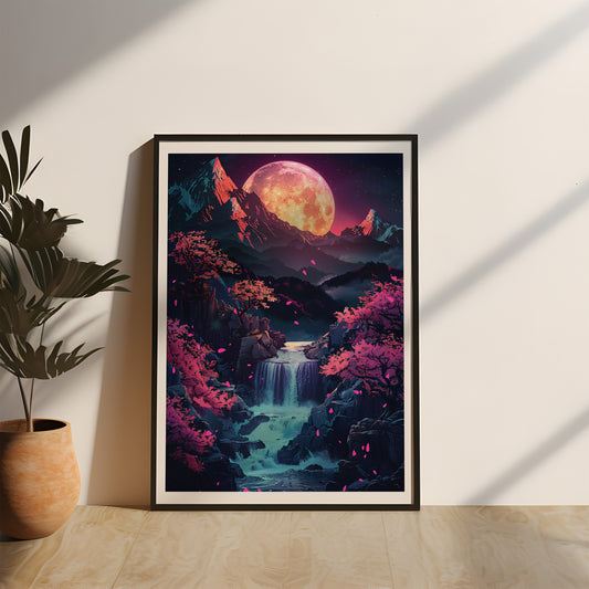 Fantasy Mondlicht-Poster mit einem riesigen orangenen Mond über einer mystischen Berglandschaft. Kirschblütenbäume und ein tosender Wasserfall verleihen der Szene eine verträumte Atmosphäre. Perfekt für Gamer und Fantasy-Fans, japanisches fantasy Poster, Gaming Setup Dekoration, Natur Wandposter