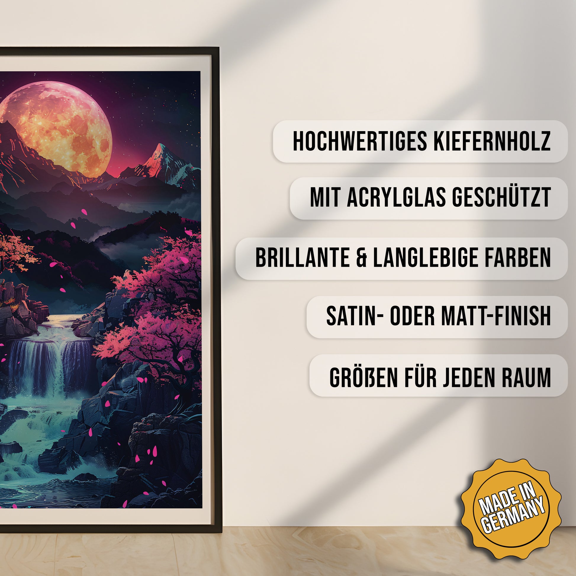 Produkt-Highlights zum gerahmten Poster Fantasy Mondlandschaft.
Hochwertiges Kiefernholz, mit Acrylglas geschützt, Brillante & langlebige Farben, satin- oder matt-finish, größen für jeden Raum, Made in Germany.