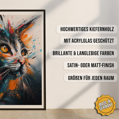Produkt-Highlights zum gerahmten Poster Farbenfrohe Katzenfantasie.
Hochwertiges Kiefernholz, mit Acrylglas geschützt, Brillante & langlebige Farben, satin- oder matt-finisch, größen für jeden Raum, Made in Germany.