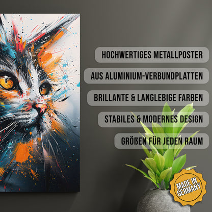 Produkt-Highlights zum Metallposter Farbenfrohe Katzenfantasie. Hochwertiges Metallposter, aus Aluminium-Verbundplatten, Brillante & langlebige Farben, stabiles & modernes design, Größen für jeden Raum, Made in Germany.