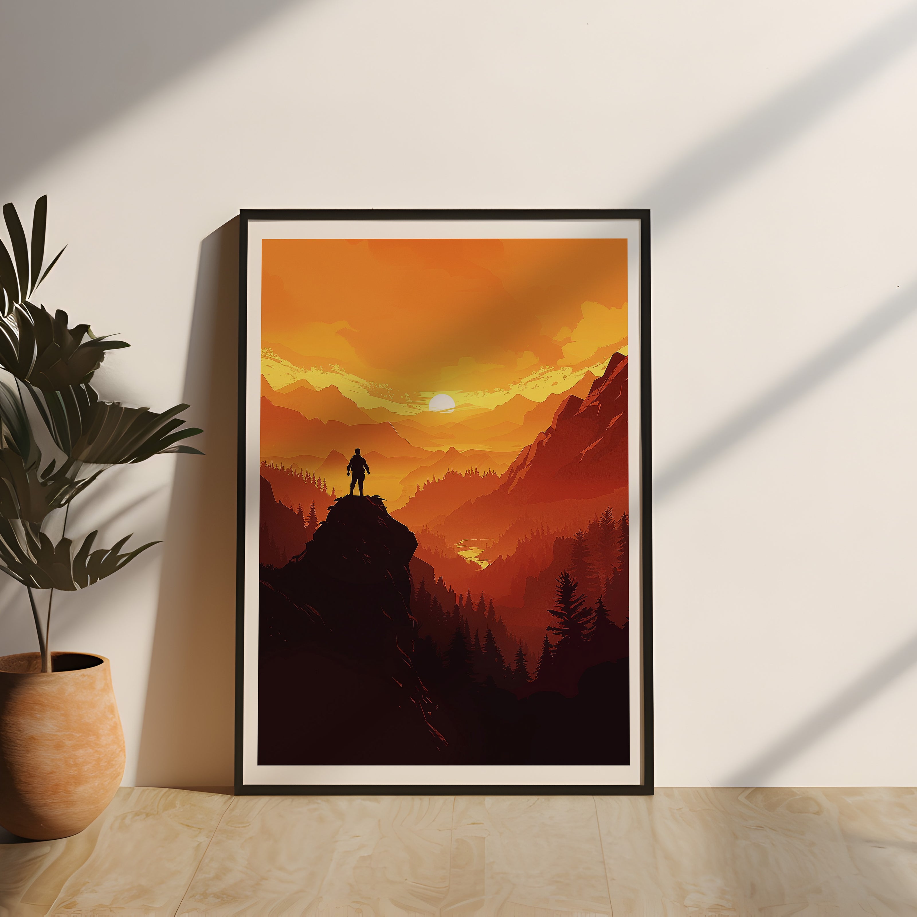 Gerahmtes Gaming Poster "Firewatch Horizon" mit Echtholzrahmen, Survival-Game Wandposter, Landschaft mit kräftigen Farbschema, perfekte Wanddekoration für Gamer und Natur- & Survival-Fans, Outdoor inspiriertes Kunstwerkt, Bergpanorama Poster