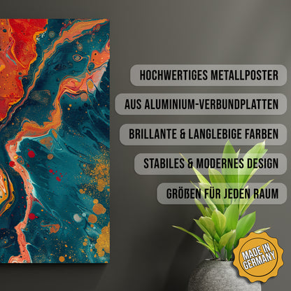 Produkt-Highlights zum Metallposter Fluss der Farben. Hochwertiges Metallposter, aus Aluminium-Verbundplatten, Brillante & langlebige Farben, stabiles & modernes design, Größen für jeden Raum, Made in Germany.