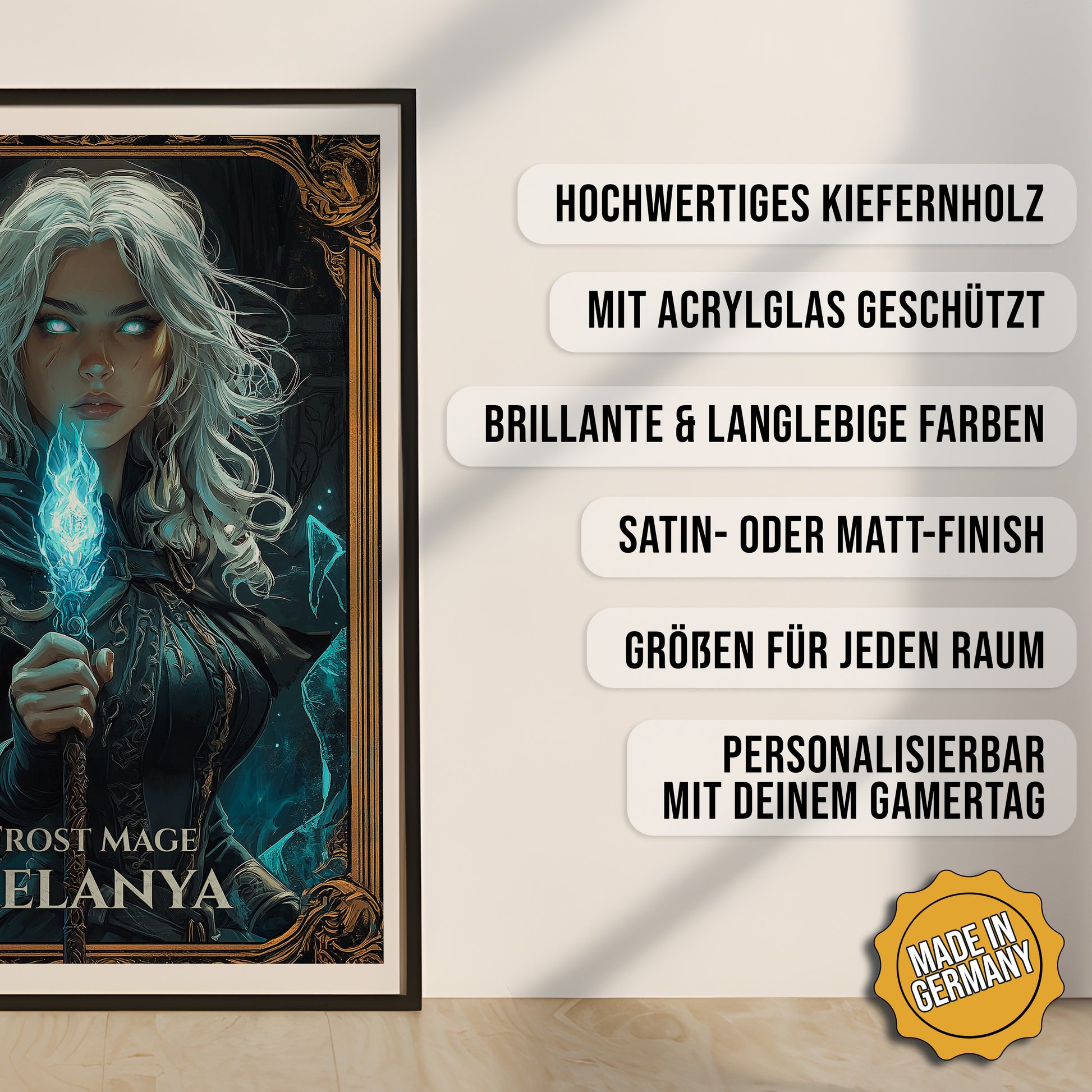 Produkt-Highlights zum gerahmten Poster Frost Mage personalisierbar.
Hochwertiges Kiefernholz, mit Acrylglas geschützt, Brillante & langlebige Farben, satin- oder matt-finish, größen für jeden Raum, Made in Germany.