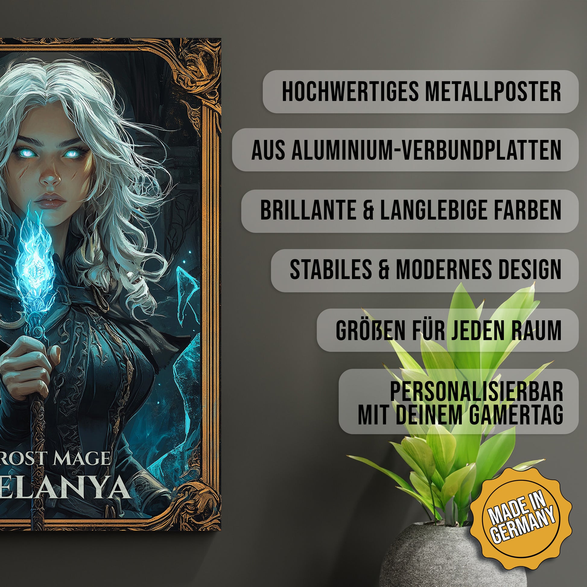 Produkt-Highlights zum Metallposter Frost Mage personalisierbar. Hochwertiges Metallposter, aus Aluminium-Verbundplatten, Brillante & langlebige Farben, stabiles & modernes design, Größen für jeden Raum, Made in Germany.