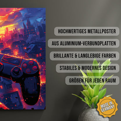 Produkt-Highlights zum Metallposter Gaming City Nights. Hochwertiges Metallposter, aus Aluminium-Verbundplatten, Brillante & langlebige Farben, stabiles & modernes design, Größen für jeden Raum, Made in Germany.