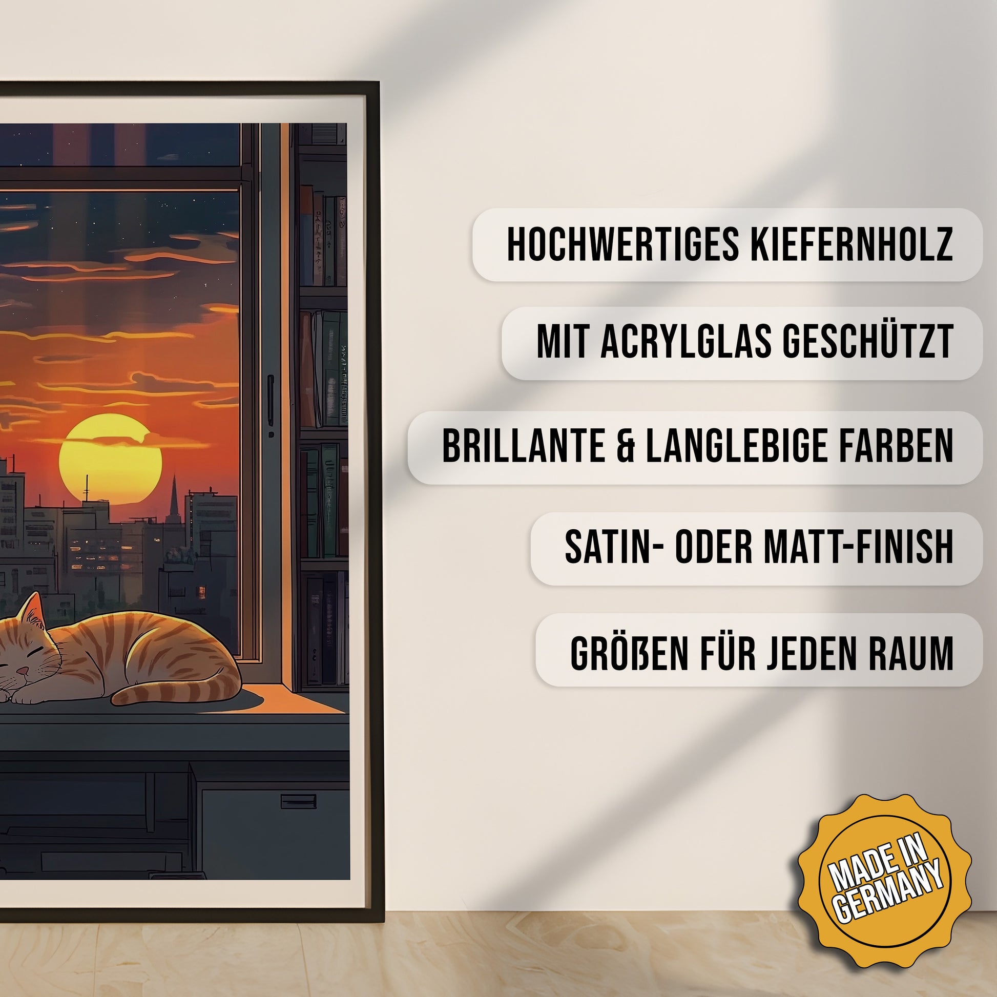 Produkt-Highlights zum gerahmten Poster Gemütlicher Abendblick.
Hochwertiges Kiefernholz, mit Acrylglas geschützt, Brillante & langlebige Farben, satin- oder matt-finish, größen für jeden Raum, Made in Germany.