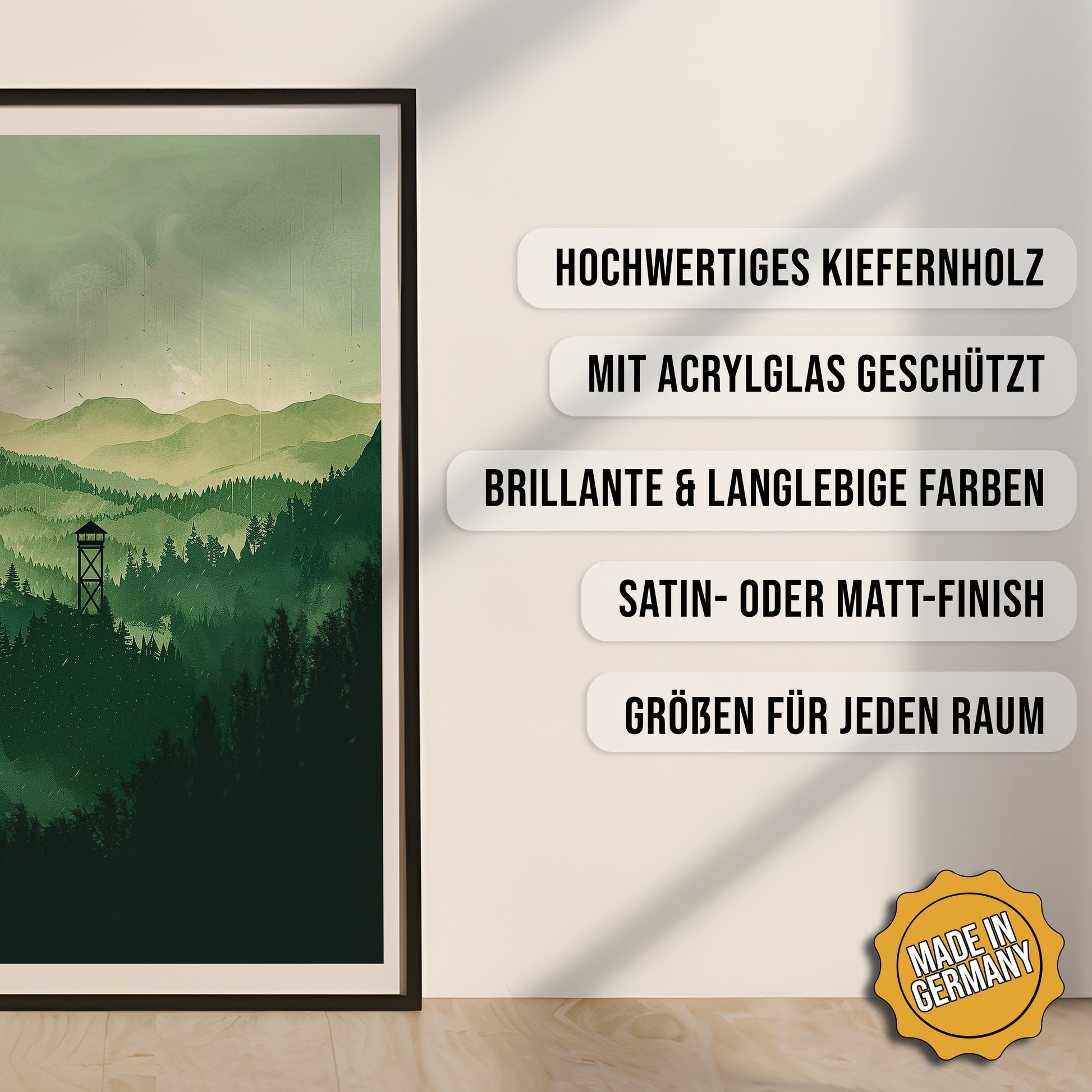 Produkt-Highlights zum gerahmten Poster Green Firewatch.
Hochwertiges Kiefernholz, mit Acrylglas geschützt, Brillante & langlebige Farben, satin- oder matt-finish, größen für jeden Raum, Made in Germany.