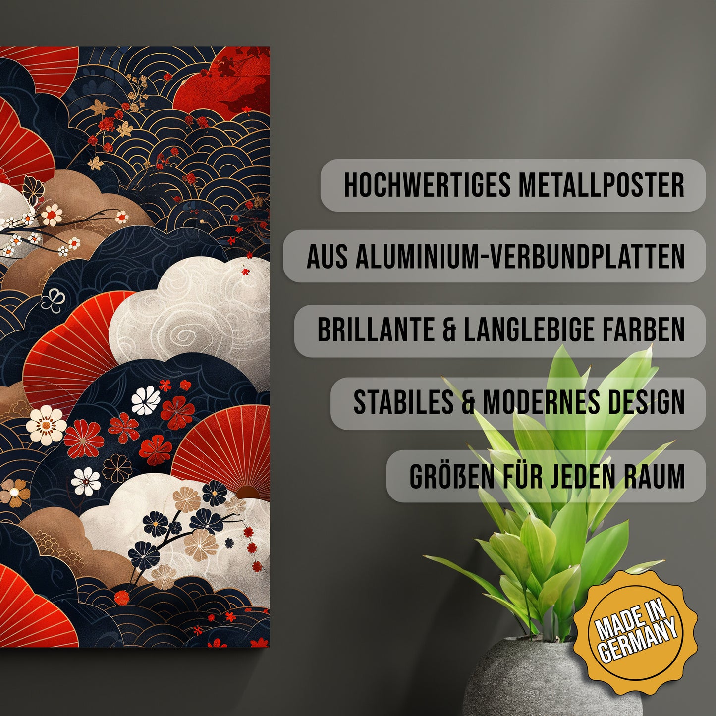 Produkt-Highlights zum Metallposter Harmonie und Gelassenheit. Hochwertiges Metallposter, aus Aluminium-Verbundplatten, Brillante & langlebige Farben, stabiles & modernes design, Größen für jeden Raum, Made in Germany.