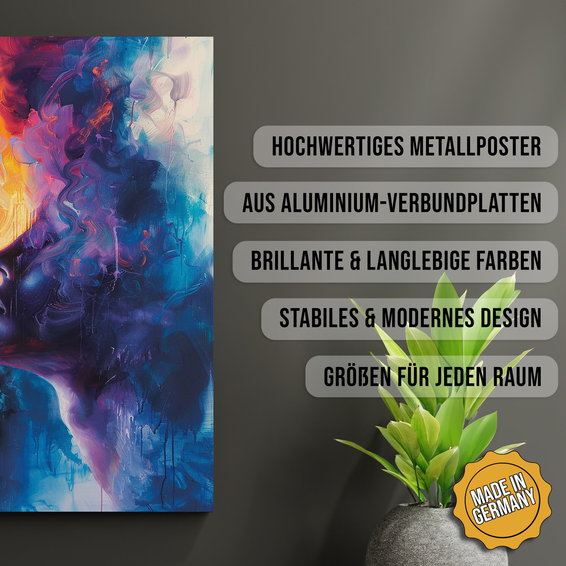 Produkt-Highlights zum Metallposter In Feuer und Eis. Hochwertiges Metallposter, aus Aluminium-Verbundplatten, Brillante & langlebige Farben, stabiles & modernes design, Größen für jeden Raum, Made in Germany.