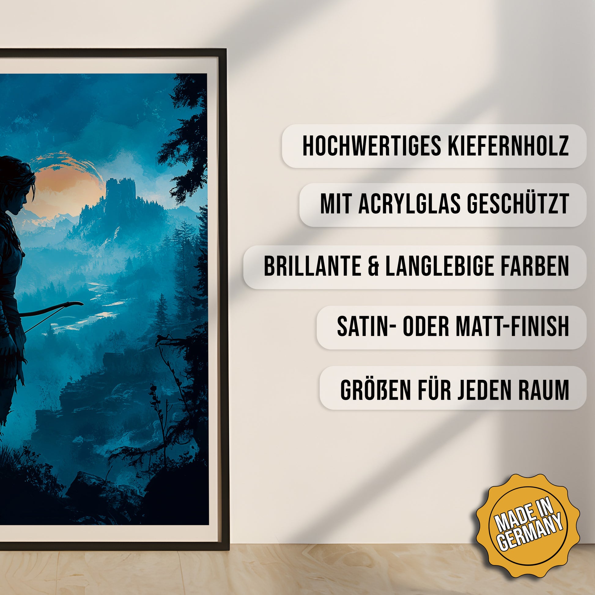 Produkt-Highlights zum gerahmten Poster Jägerin der Morgenröte.
Hochwertiges Kiefernholz, mit Acrylglas geschützt, Brillante & langlebige Farben, satin- oder matt-finish, größen für jeden Raum, Made in Germany.