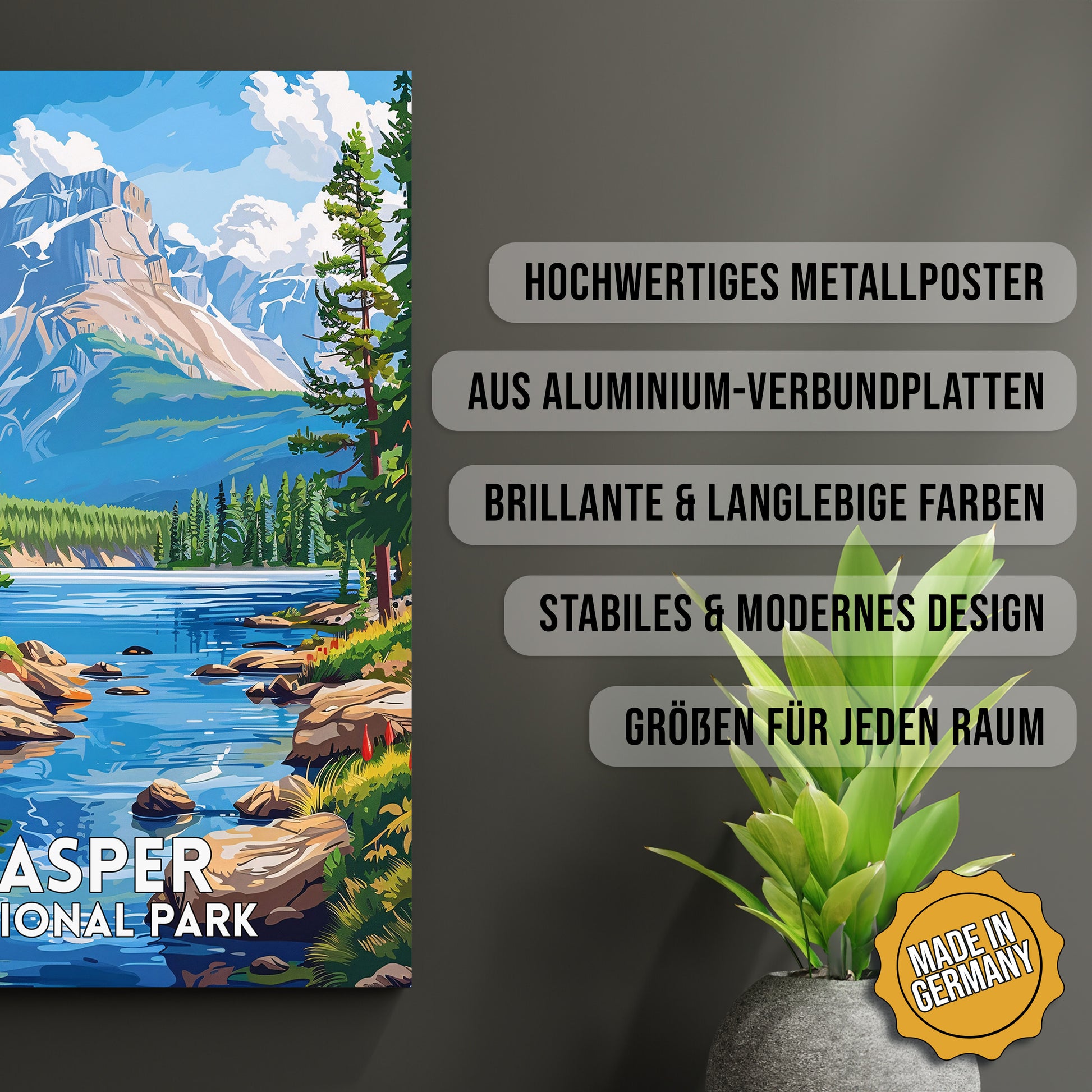 Produkt-Highlights zum Metallposter Jasper National Park. Hochwertiges Metallposter, aus Aluminium-Verbundplatten, Brillante & langlebige Farben, stabiles & modernes design, Größen für jeden Raum, Made in Germany.